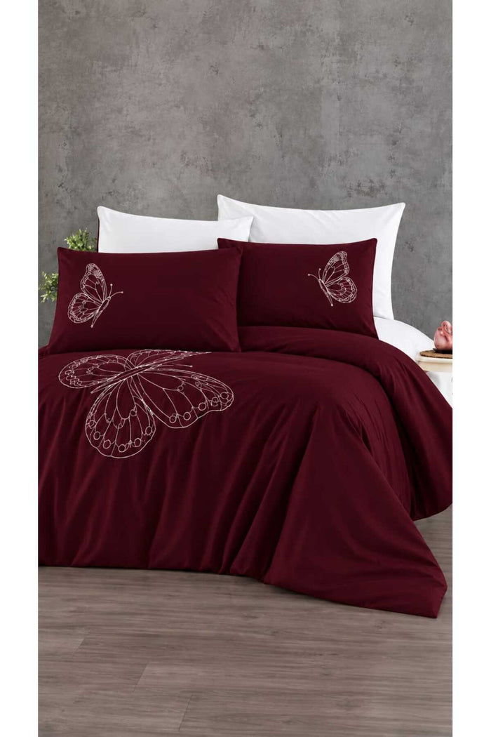 Elegant Lüks Kelebek Bordo Nakışlı %100 Pamuk Çift Kişilik 6 Parça Nevresim Takımı