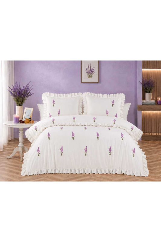 Lavanta Esintisi Fırfırlı & Nakışlı %100 Pamuk 6 Parça Çift Kişilik Nevresim Takımı