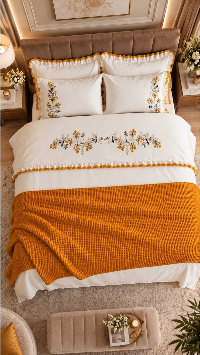 Zerdal Flora Nakışlı %100 Pamuk Runnerlı 7 Parça Modern Çift Kişilik Nevresim Set